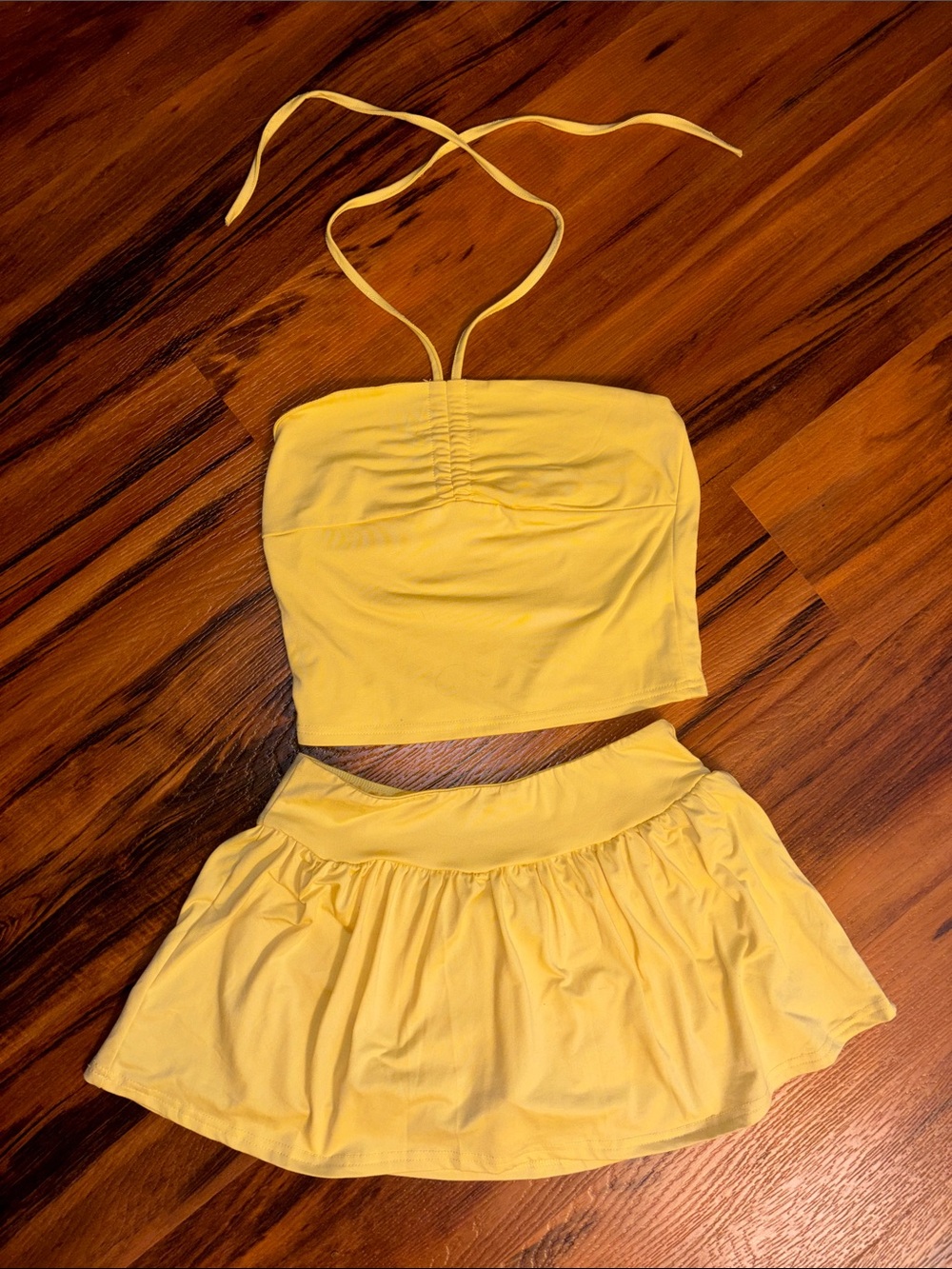 Sunny Yellow Two-Piece Halter Crop Top and Skort Set